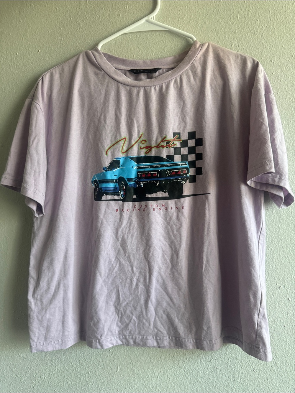 SHEIN Lilac Graphic Tee with Blue Car Print